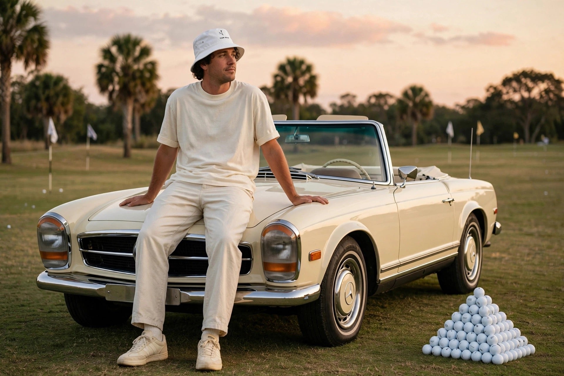 A man in a white t-shirt and matching white pants sits on the front of a cream convertible car on a golf course at sunset, with a pyramid of golf balls nearby.