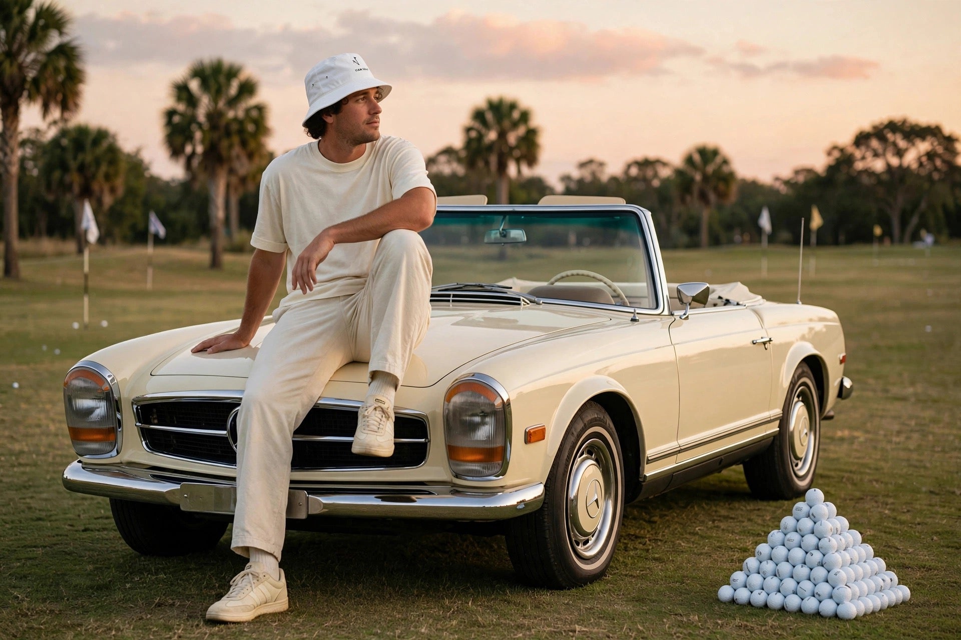 A man in a white t-shirt, white pants, and the DON PANCHITO 11AM GOLF white bucket hat sits casually on the hood of a cream-colored vintage convertible Mercedes-Benz car on a golf course. A pyramid of golf balls is stacked on the grass next to the car, with palm trees and a sunset sky in the background.