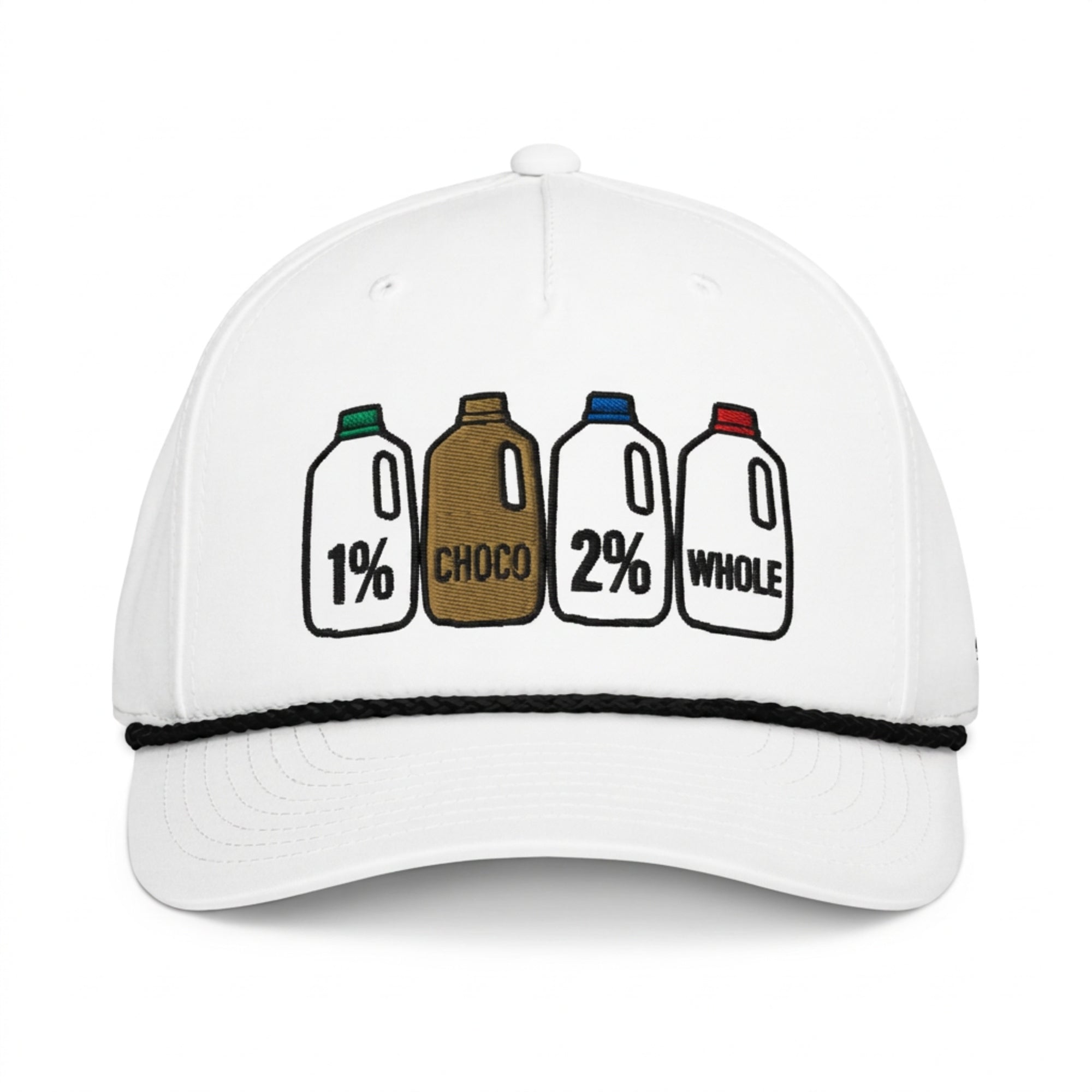 A white baseball cap featuring a graphic of four milk bottles labeled 1% CHOCO, 2%, and WHOLE on the front panel, with a black braided trim across the brim and 'DON PANCHITO' embroidered on the side.