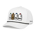 A white baseball cap featuring a graphic of four milk bottles labeled 1% CHOCO, 2%, and WHOLE on the front panel, with a black braided trim across the brim and 'DON PANCHITO' embroidered on the side.