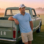 A man wearing a light blue polo shirt, khaki shorts, and the white DON PANCHITO NEON RACER trucker hat leans against the tailgate of a vintage green pickup truck in an open field at sunset.