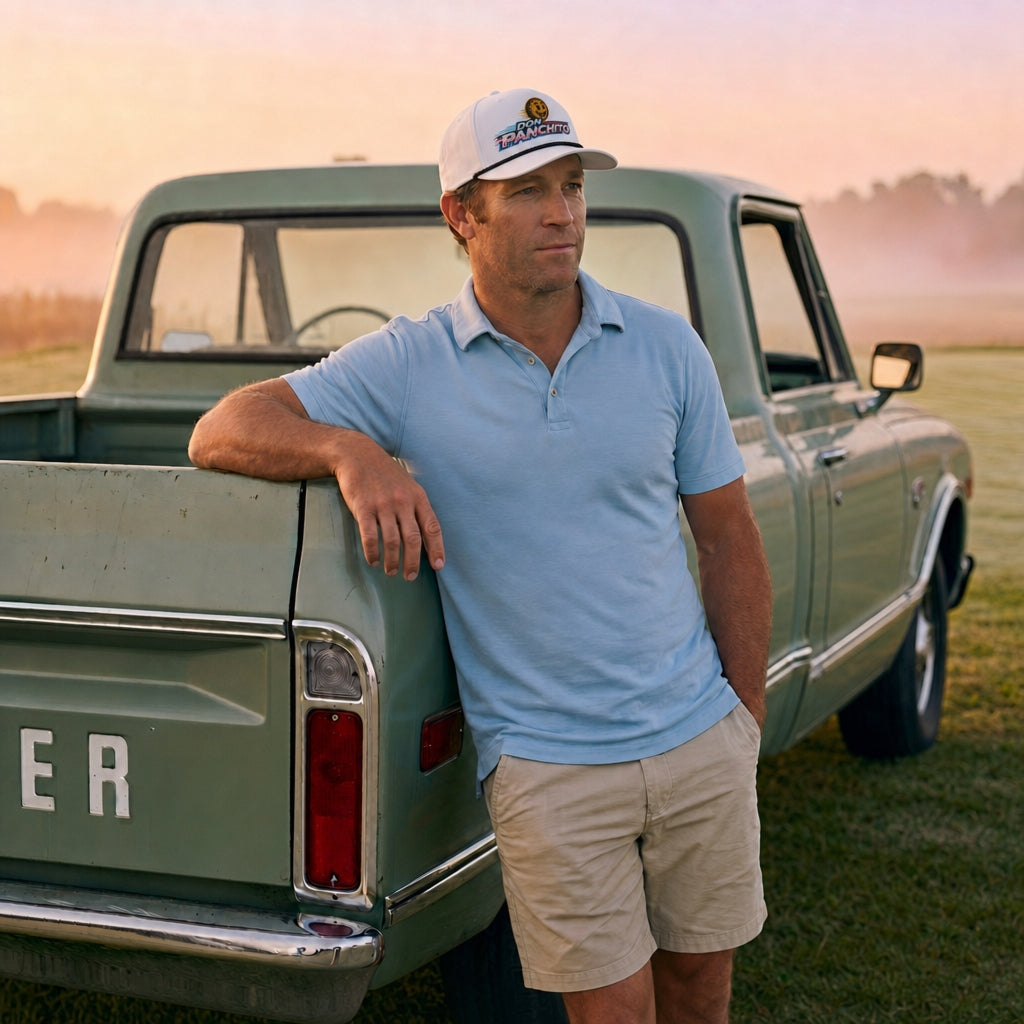 A man wearing a light blue polo shirt, khaki shorts, and the white DON PANCHITO NEON RACER trucker hat leans against the tailgate of a vintage green pickup truck in an open field at sunset.