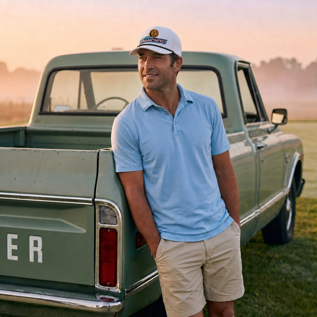 A man wearing a light blue polo shirt, khaki shorts, and the white DON PANCHITO NEON RACER trucker hat leans against the back of a vintage green pickup truck in a grassy field at sunset.