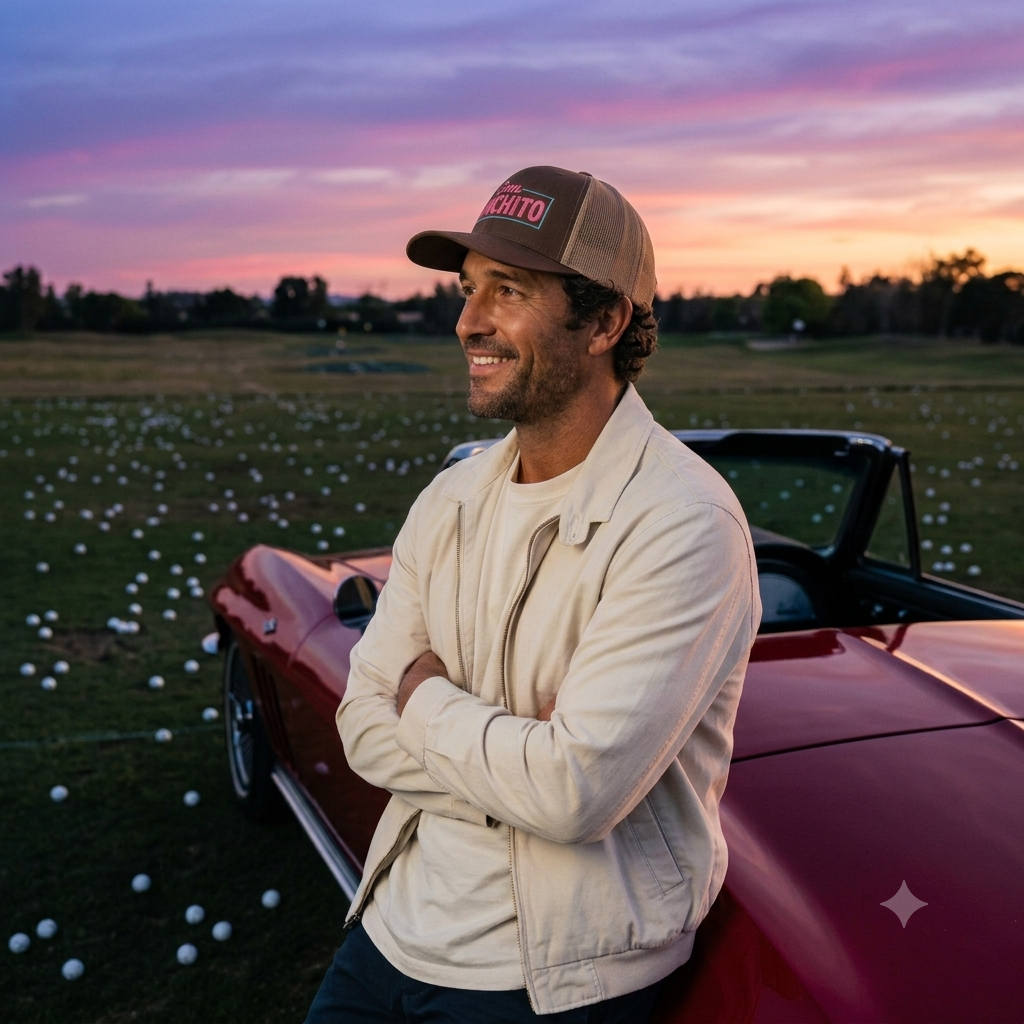 A man wearing a beige jacket and the DON PANCHITO NEON RECTANGLE trucker hat leans against a red convertible car on a golf course at sunset, with golf balls scattered on the grass.