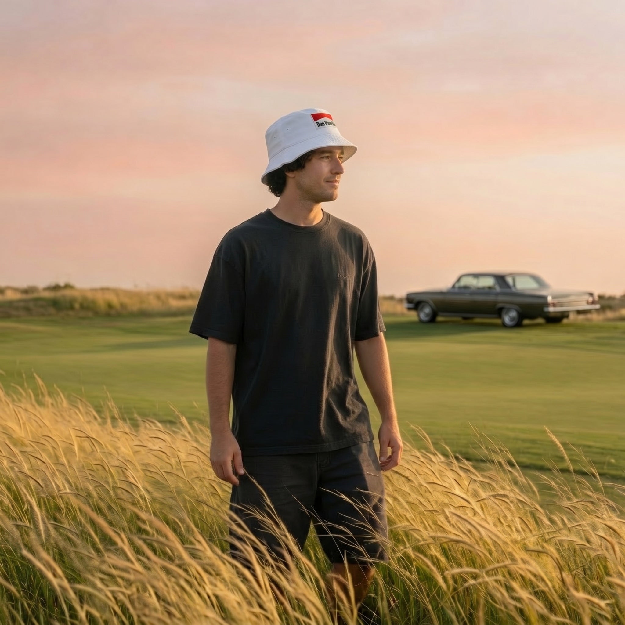 A man wearing the white DON PANCHITO SMOKE SHOW bucket hat, a black t-shirt, and black shorts stands in a field of tall golden grass on a golf course, with a vintage car in the background under a pinkish sunset sky.