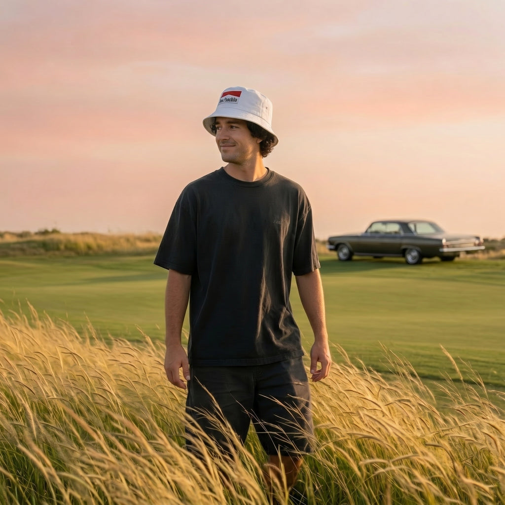 A man wearing the white DON PANCHITO SMOKE SHOW bucket hat, a black t-shirt, and black shorts stands in a field of tall golden grass on a golf course, with a vintage car in the background under a pink sunset sky.