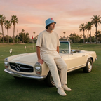A man wearing a cream-colored t-shirt and matching pants sits on the hood of a vintage cream Mercedes-Benz convertible on a golf course at sunset. He is wearing the DON PANCHITO SMOKE SHOW bucket hat and white sneakers.