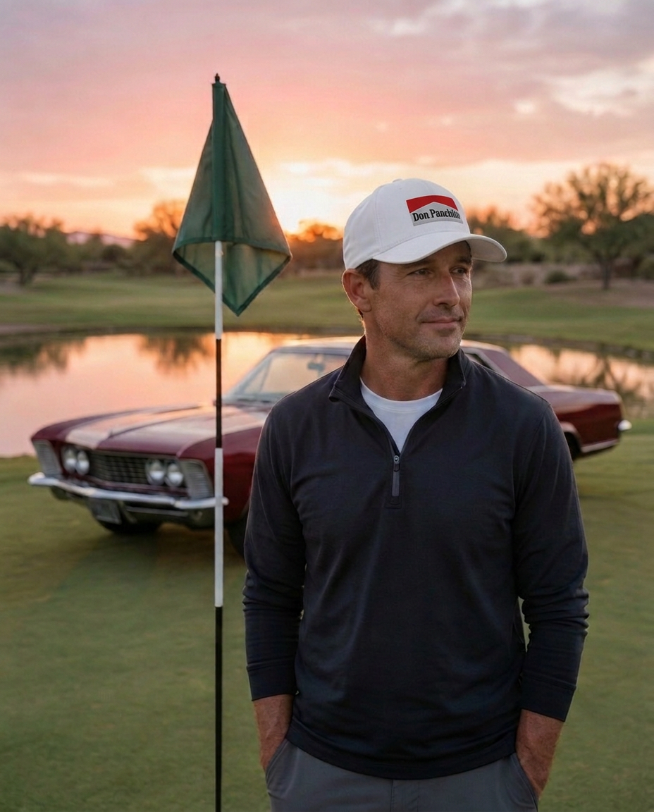 A man wearing the white DON PANCHITO SMOKE SHOW dad hat and a dark navy quarter-zip pullover stands on a golf course green near a water hazard, with a classic red car and a green flag in the background at sunset.