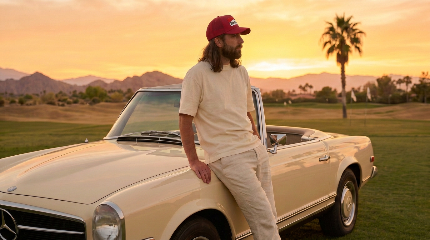 A man wearing the red DON PANCHITO SMOKE SHOW trucker hat and a cream-colored t-shirt and pants leans against a cream-colored vintage Mercedes-Benz convertible on a grassy field at sunset, with mountains and a palm tree in the background.