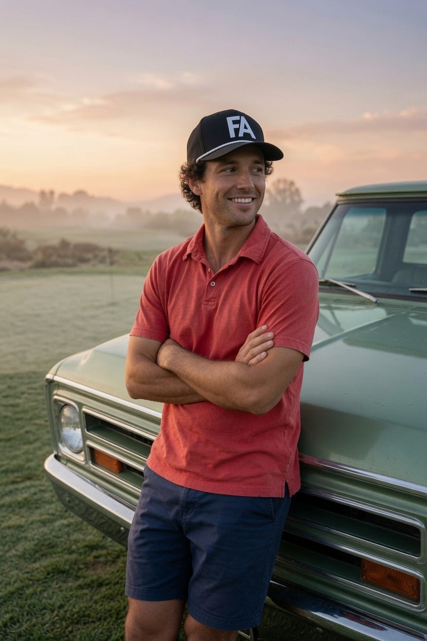 A man wearing a red polo shirt, navy shorts, and a black baseball cap with a white 'FA' logo leans against a vintage green truck on a grassy field at sunset.