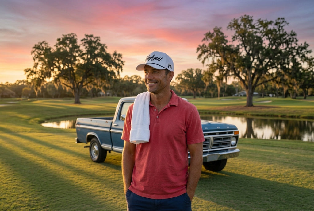 A man wearing the white FREE AGENT SCRIPT Rope Hat, a coral-red polo shirt, and a white towel over his shoulder stands on a golf course at sunset next to a vintage blue pickup truck.