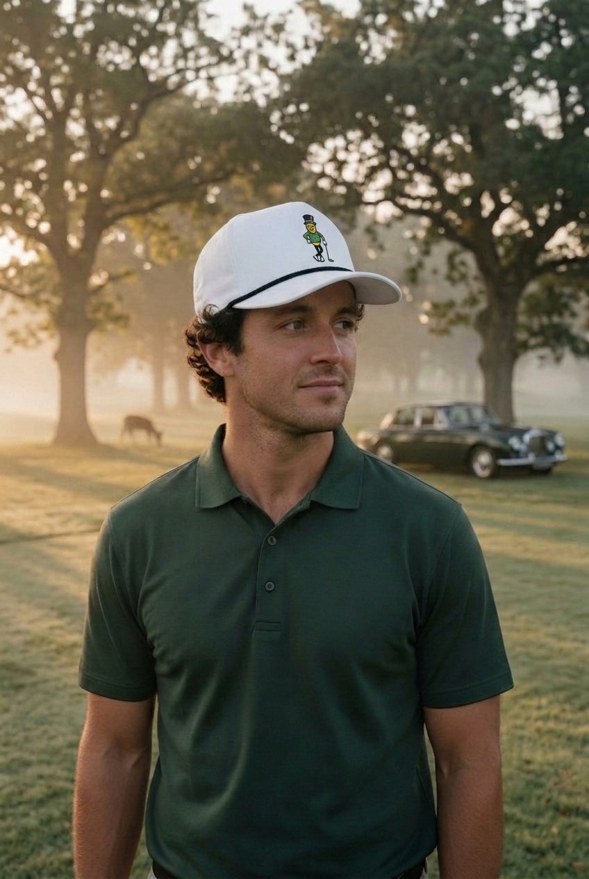 A man wearing a dark green polo shirt and the white GOLF NUT rope hat stands on a golf course at sunrise, with trees and a vintage car blurred in the background.