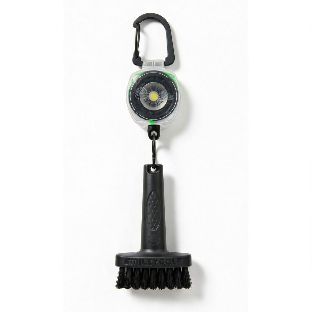 Mini Golf Brush with Clear Retractable Carabiner Keychain Clip and Color Kevlar Cord (green cord)
