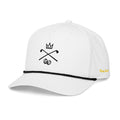 CROWN, CROSSED CLUBS, & TWO WALNUTS + YELLOW SCRIPT on white rope hat