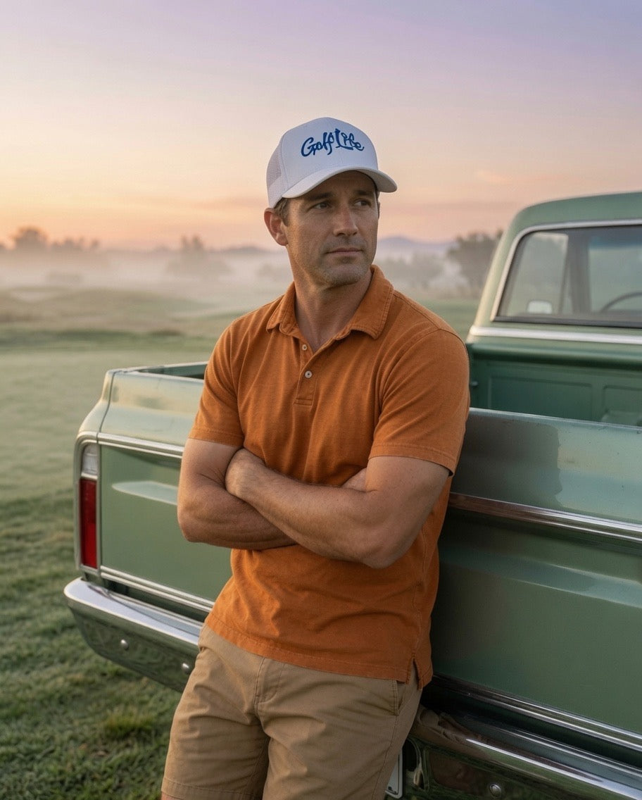 A man wearing the white GOLF LIFE trucker hat by DON PANCHITO, an orange polo shirt, and khaki pants leans against the back of a vintage green pickup truck in a grassy field at sunset.