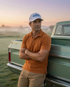 A man wearing the white GOLF LIFE trucker hat by DON PANCHITO, an orange polo shirt, and khaki pants leans against the back of a vintage green pickup truck in a grassy field at sunset.