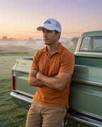A man wearing the white DON PANCHITO GOLF LIFE trucker hat with blue script lettering and an orange polo shirt leans against the back of a vintage green pickup truck in a misty field at sunrise.