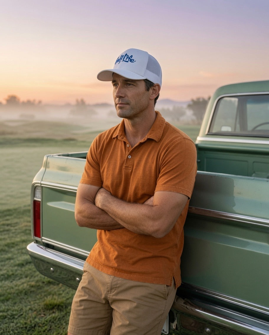 A man wearing the white DON PANCHITO GOLF LIFE trucker hat with blue script lettering and an orange polo shirt leans against the back of a vintage green pickup truck in a misty field at sunrise.