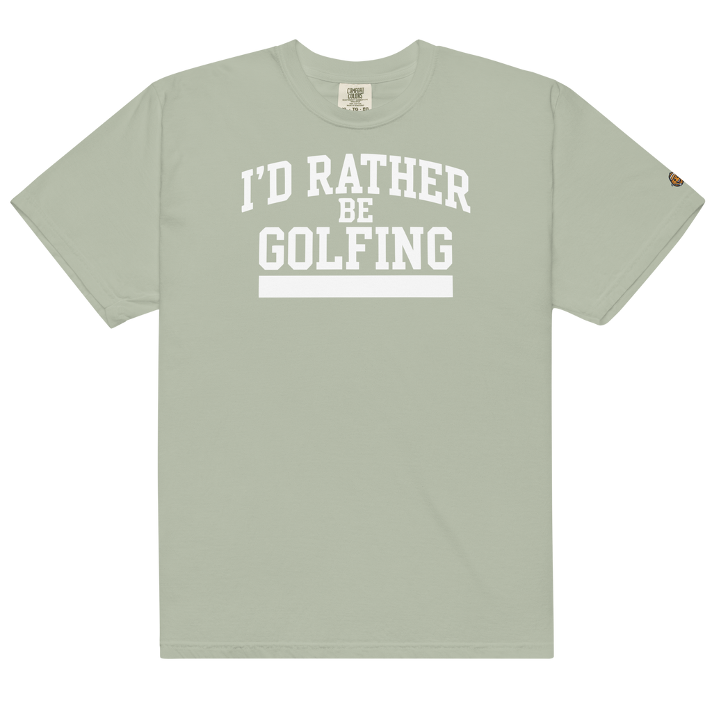 'I'D RATHER BE GOLFING' VARSITY + ICON + SMILEY GOLF on unisex t-shirts - Granite
