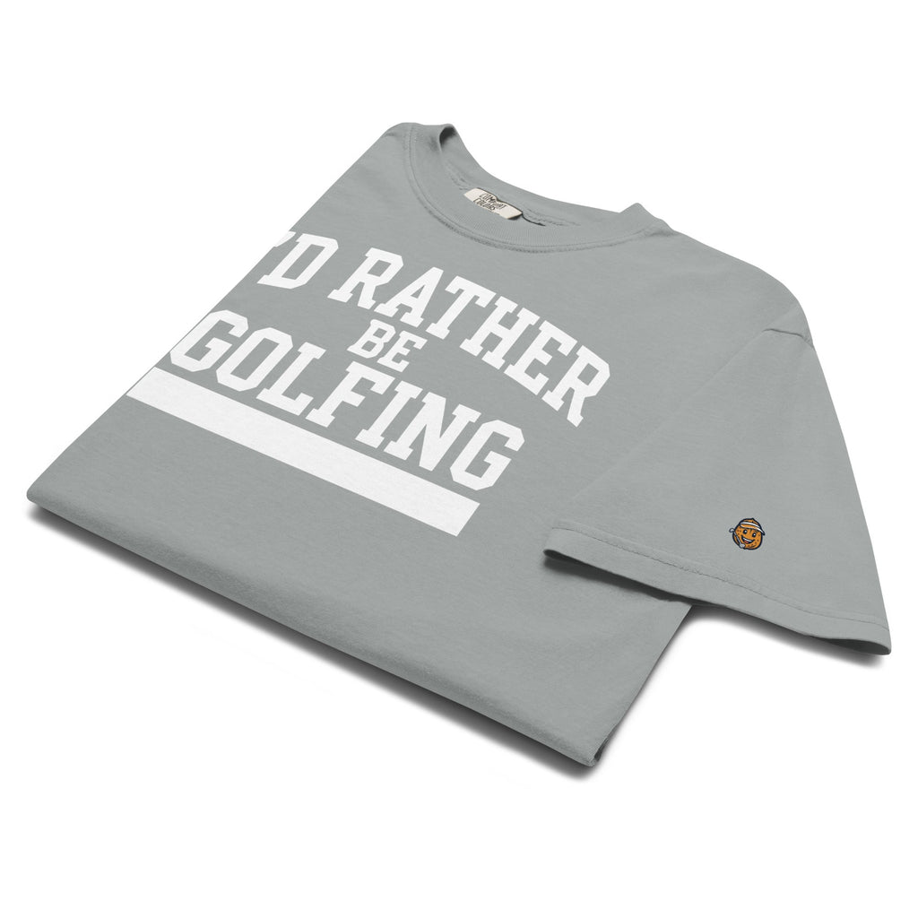 'I'D RATHER BE GOLFING' VARSITY + ICON + SMILEY GOLF on unisex t-shirts - Graphite