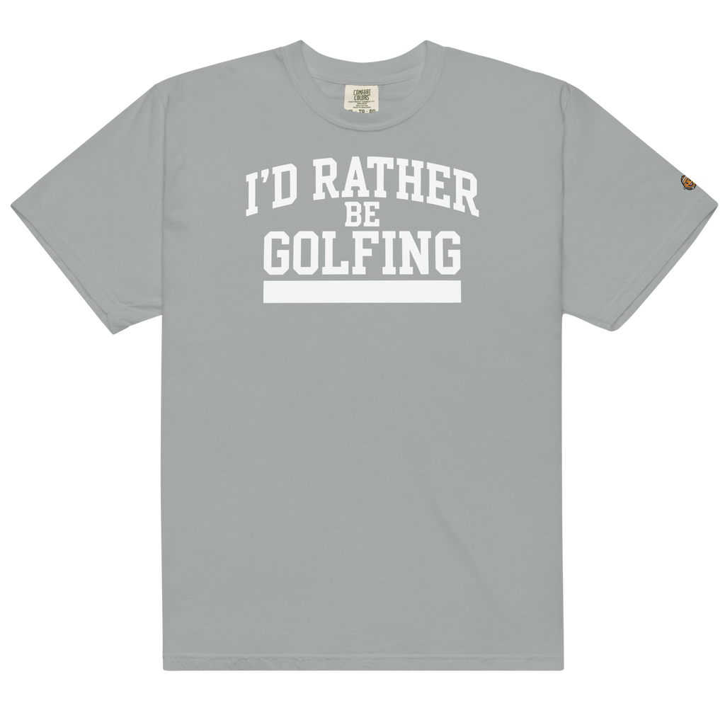 'I'D RATHER BE GOLFING' VARSITY + ICON + SMILEY GOLF on unisex t-shirts - Grey