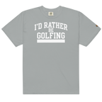 'I'D RATHER BE GOLFING' VARSITY + ICON + SMILEY GOLF on unisex t-shirts - Grey