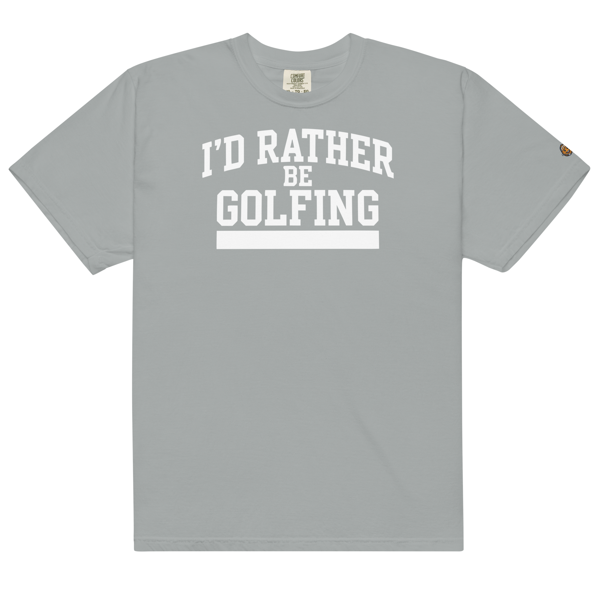 'I'D RATHER BE GOLFING' VARSITY + ICON + SMILEY GOLF on unisex t-shirts - Grey
