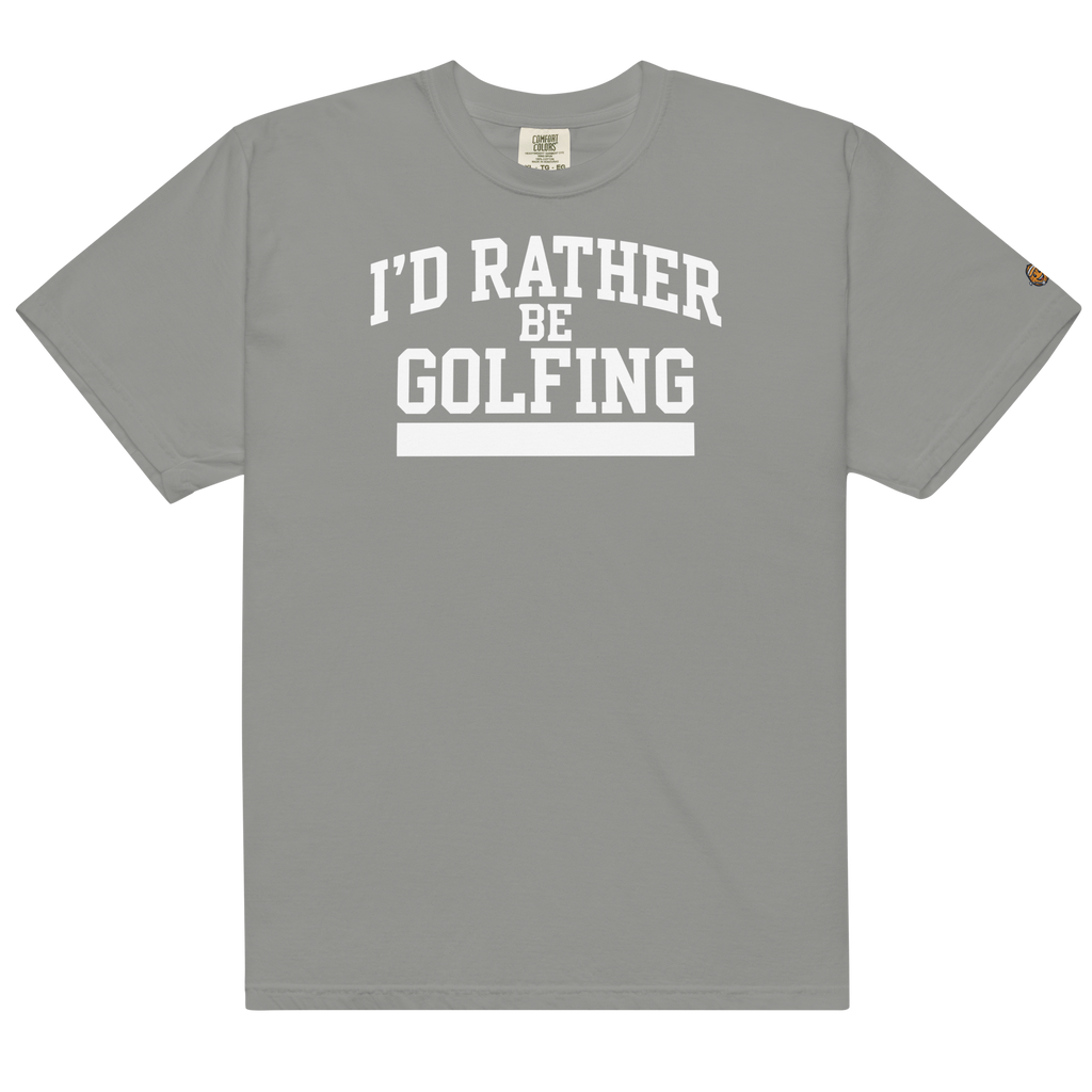 'I'D RATHER BE GOLFING' VARSITY + ICON + SMILEY GOLF on unisex t-shirts - Black