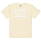 'I'D RATHER BE GOLFING' VARSITY + ICON + SMILEY GOLF on unisex t-shirts - Red