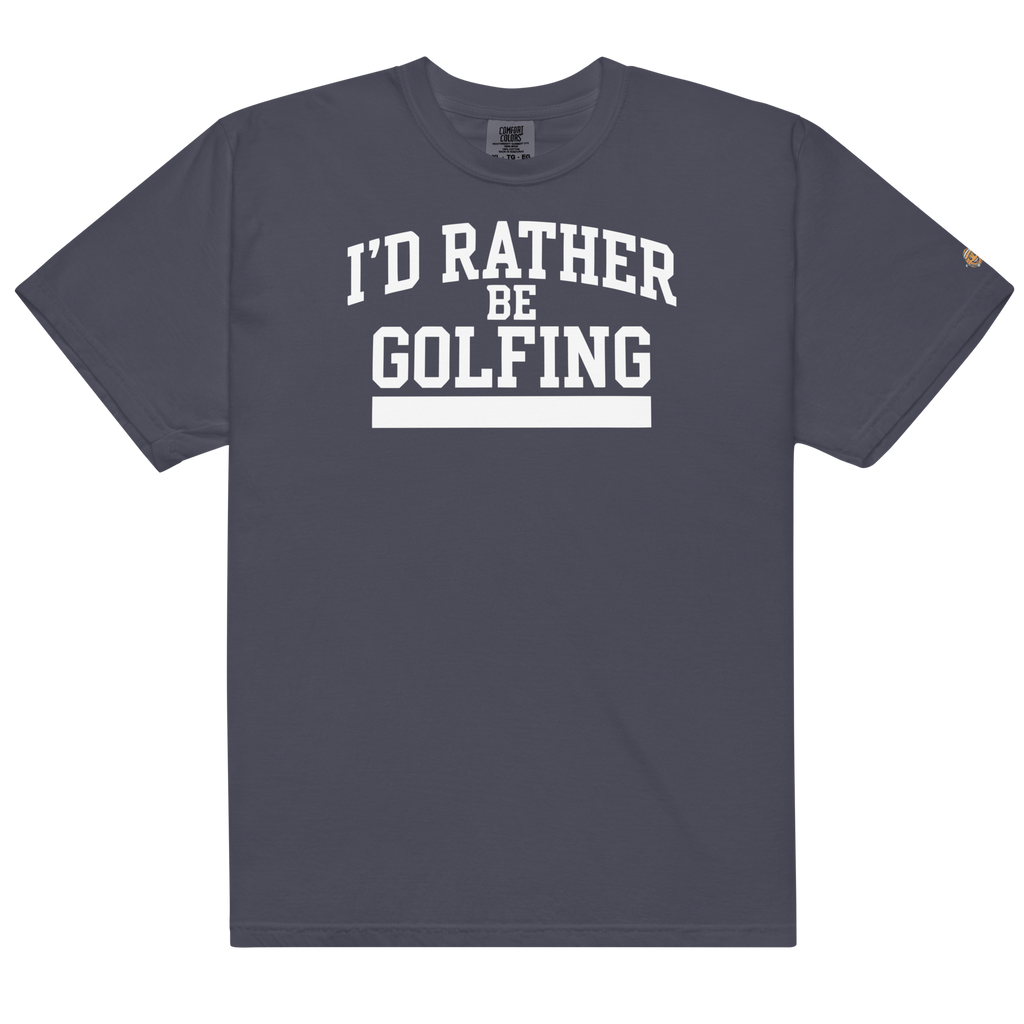 'I'D RATHER BE GOLFING' VARSITY + ICON + SMILEY GOLF on unisex t-shirts - Bay