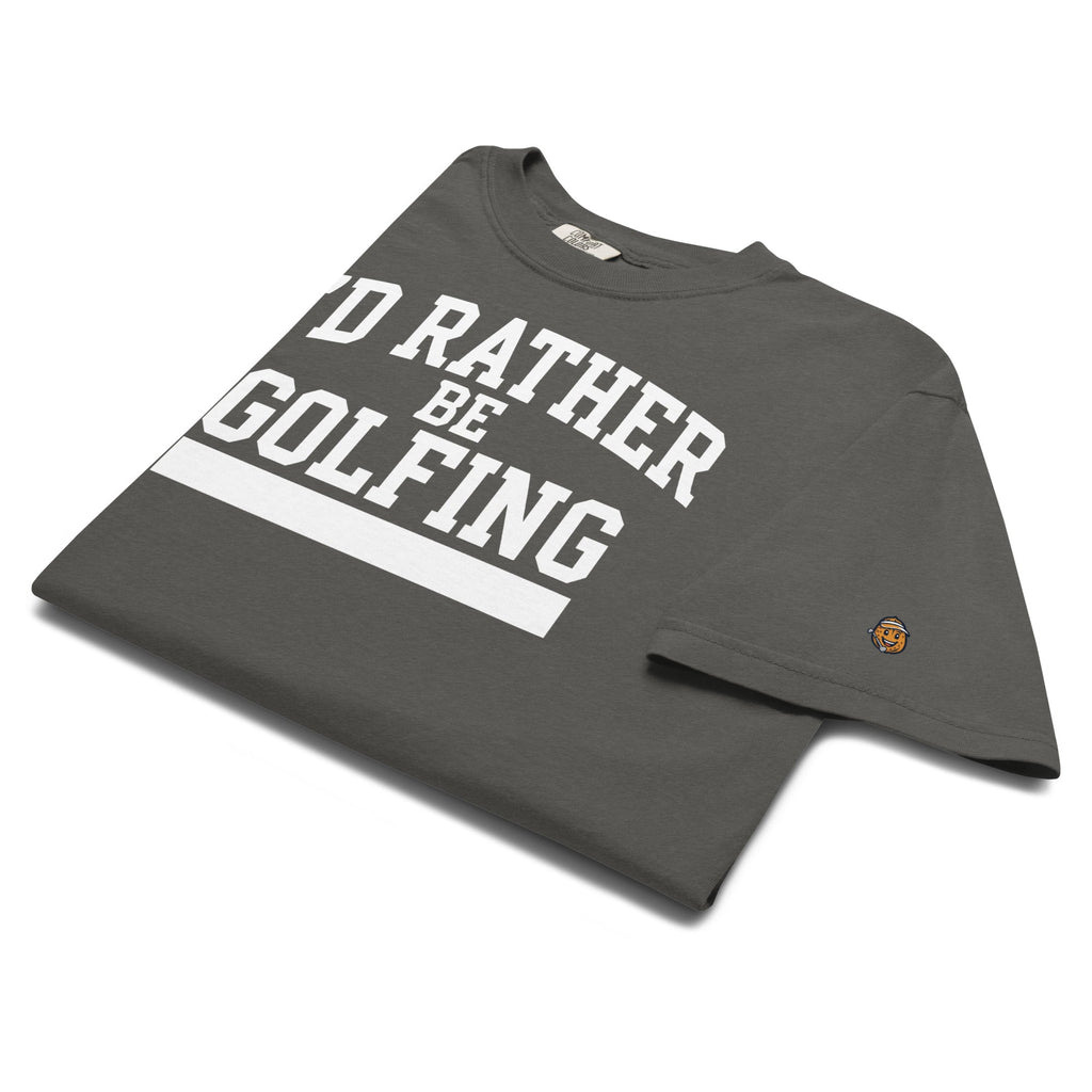 'I'D RATHER BE GOLFING' VARSITY + ICON + SMILEY GOLF on unisex t-shirts - Granite