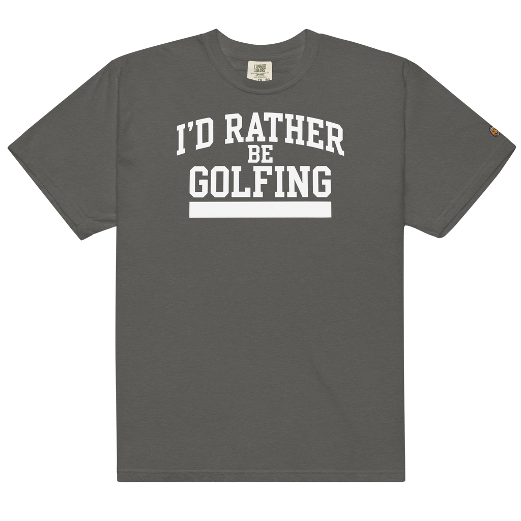'I'D RATHER BE GOLFING' VARSITY + ICON + SMILEY GOLF on unisex t-shirts - Pepper