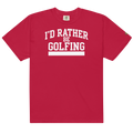 'I'D RATHER BE GOLFING' VARSITY + ICON + SMILEY GOLF on unisex t-shirts - Red