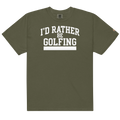 'I'D RATHER BE GOLFING' VARSITY + ICON + SMILEY GOLF on unisex t-shirts - Sage