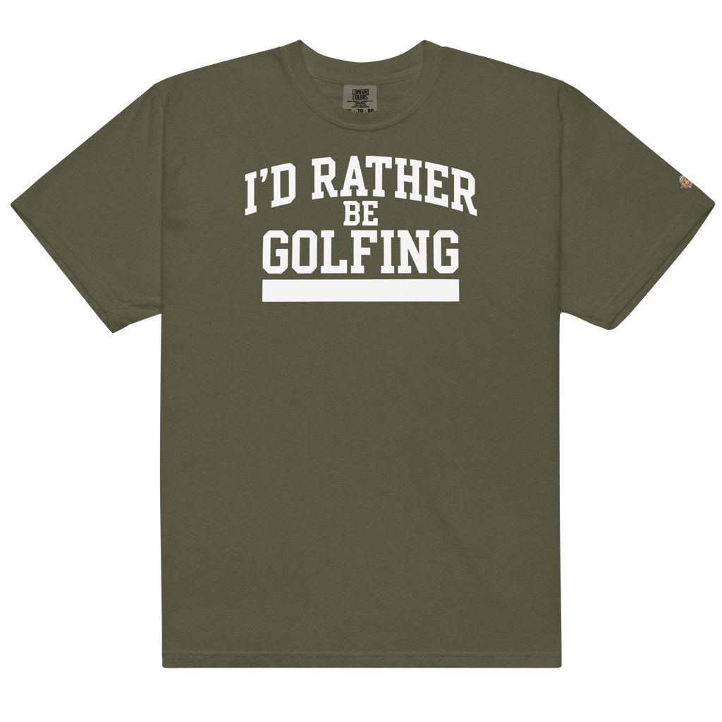 'I'D RATHER BE GOLFING' VARSITY + ICON + SMILEY GOLF on unisex t-shirts - Grey