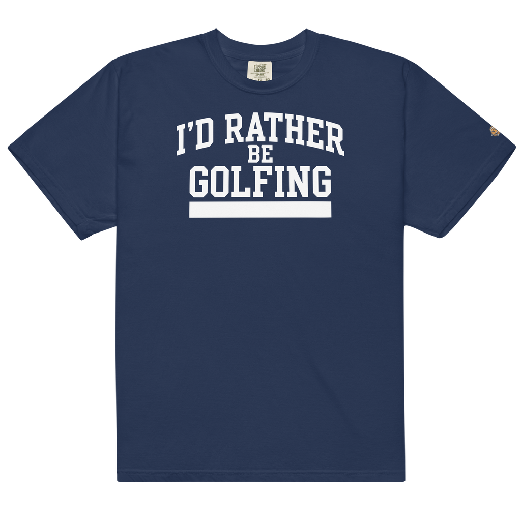 'I'D RATHER BE GOLFING' VARSITY + ICON + SMILEY GOLF on unisex t-shirts - Red